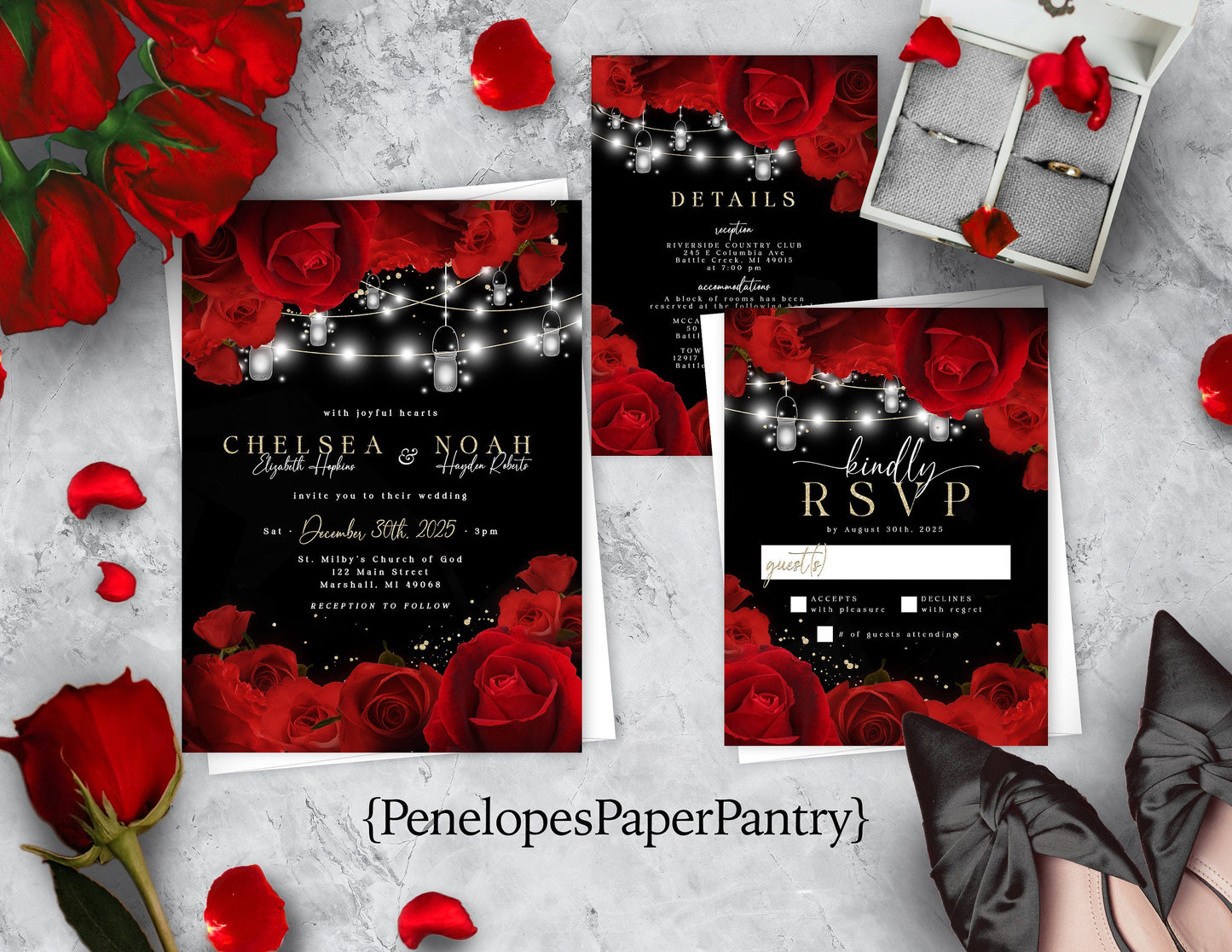 Red Florals and String Lights with Black Background Rose Wedding Invitation, Set, or Suite