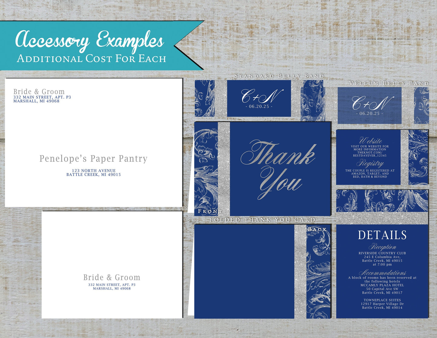 Royal Blue with Faux Silver Glitter Border and Lace Traditional Wedding Invitation, Sets, or Suite