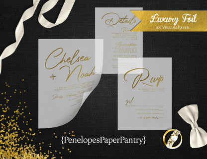 Vellum Typography with Gold Foil Wedding Invitaiton, Set, or Suite