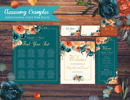 Teal and Orange Florals on Teal, Burnt Orange, and Ivory Hues Fall Wedding Invitation, Set, or Suite