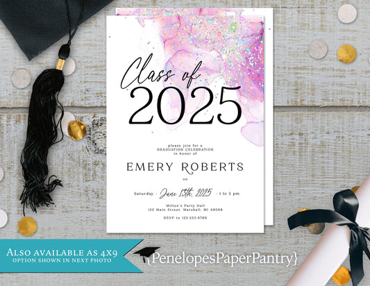 Watercolor Pastel Class of 2025 Graduation Open House or Ceremony Invitation