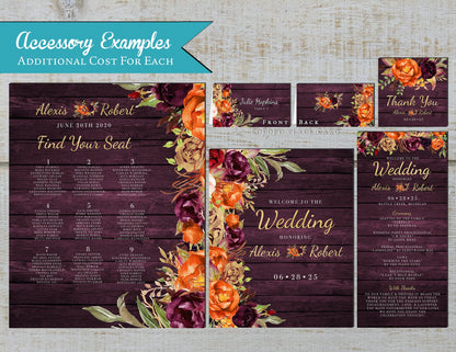 Rustic Purple & Orange Fall Wedding Invitation – Barn Wood, Burnt Orange Roses & Gold Print – Personalized Shimmery Printed Invitations with Envelopes