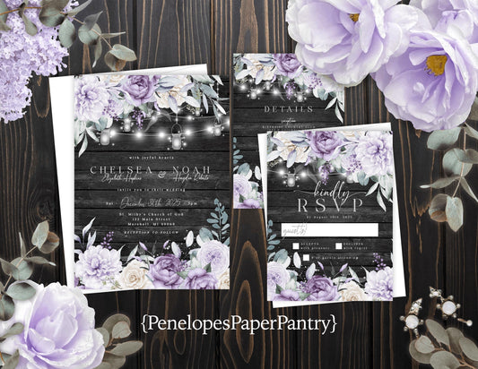Rustic Gray Floral Summer Wedding Invitation Personalized Barn Wood Purple Lavender Lilac Fairy Lights Printed Invitation Envelopes Included