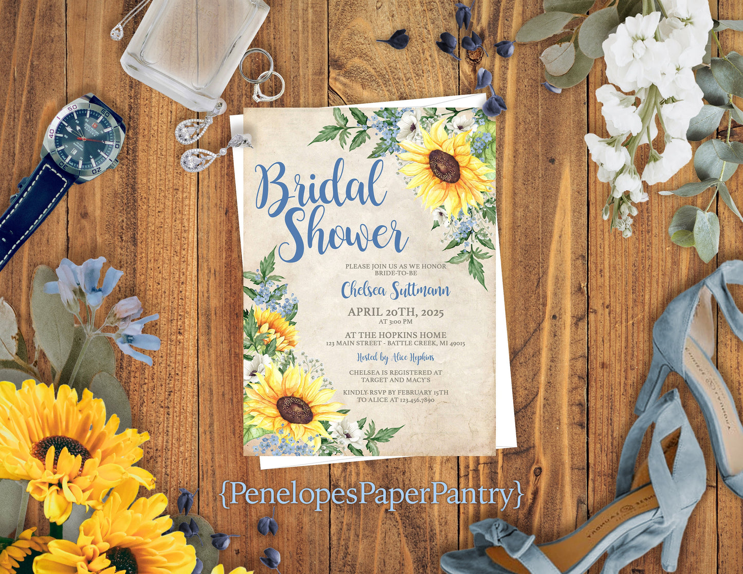 Sunflower and White Florals with Faux Parchment Background Bridal Shower Invitation