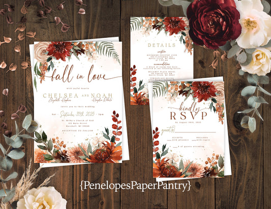 Terracotta, Burgundy, and Burnt Orange Florals with White Background Fall Wedding Invitation, Set, or Suite