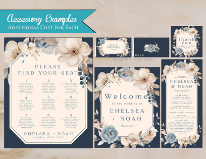 Dusty Blue Florals with Navy and Ivory Frame Background Summer Wedding Invitation, Set, or Suite