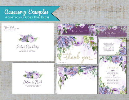 Elegant Purple Floral Summer Wedding Invitation Personalized Wedding Invite Lavender Roses Succulents Printed Invitations Envelopes Included