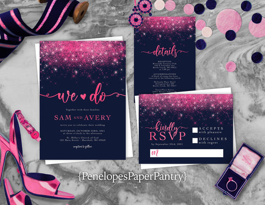 Hot Pink Faux Glitter with Navy Blue Background Invitation Traditional Wedding Invitation, Sets, or Suite