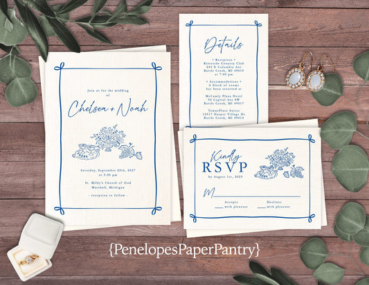 Whimsical Hand Drawn Summer Wedding Invitation Personalized Royal Blue Ivory Linen Custom Text Printed Invitations Envelopes Included Unique
