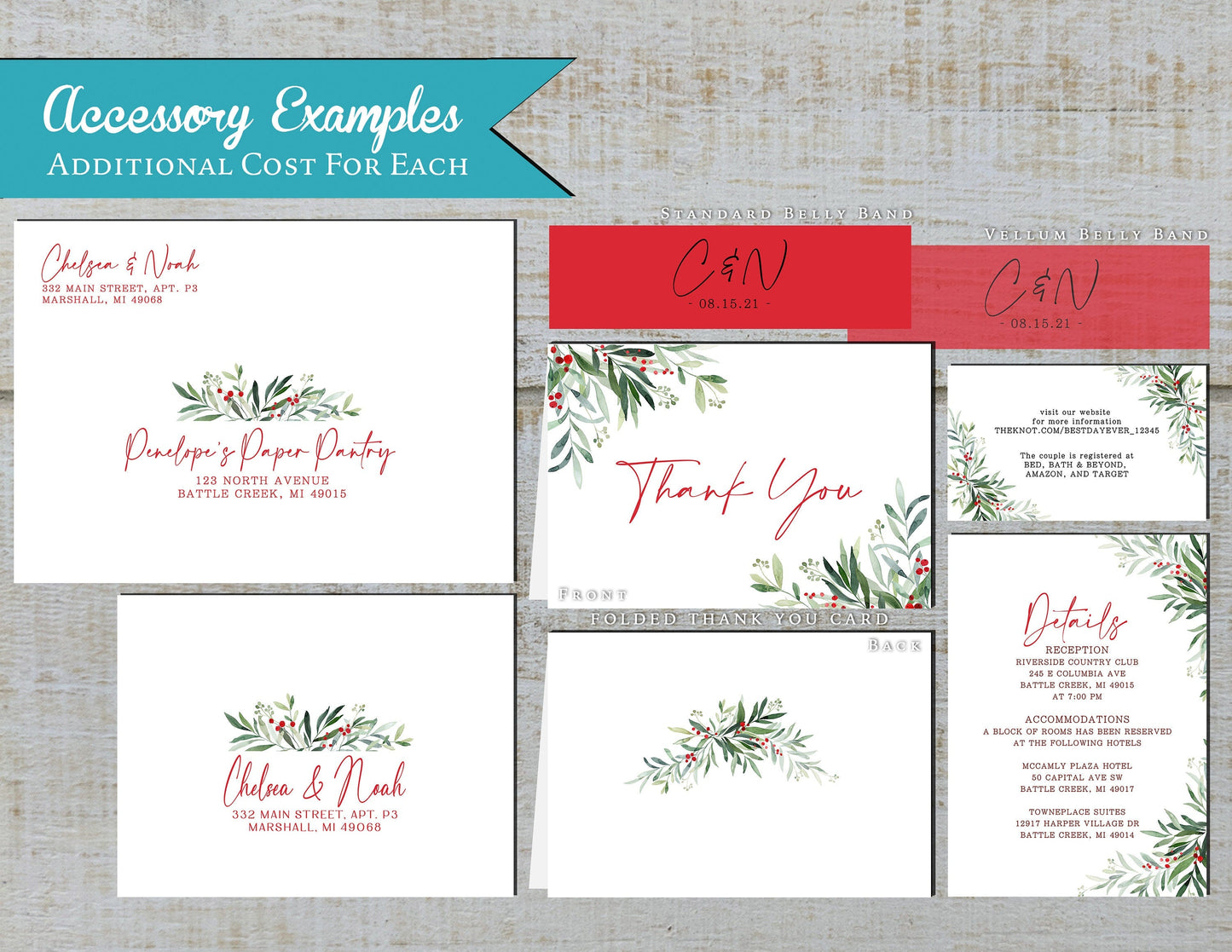 Pine and Holly Florals Winter Wedding Invitation, Set, or Suite