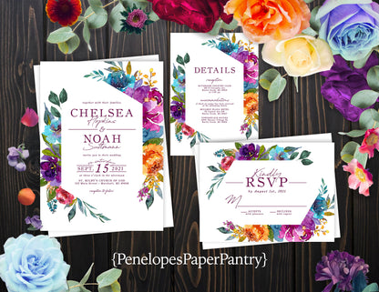 Elegant Bright Floral Summer Wedding Invitation Personalized Orange Purple Hot Pink Turquoise Geometric Frame Shimmery Printed Invitations