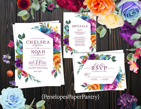 Elegant Bright Floral Summer Wedding Invitation Personalized Orange Purple Hot Pink Turquoise Geometric Frame Shimmery Printed Invitations