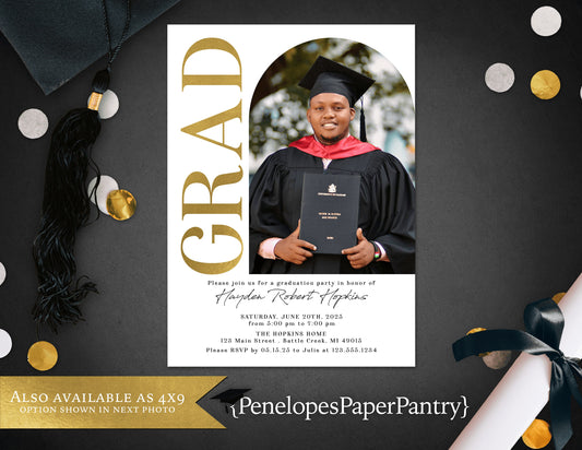 Photo Arch Grad with Gold Foil Graduation Open House or Ceremony Invitation