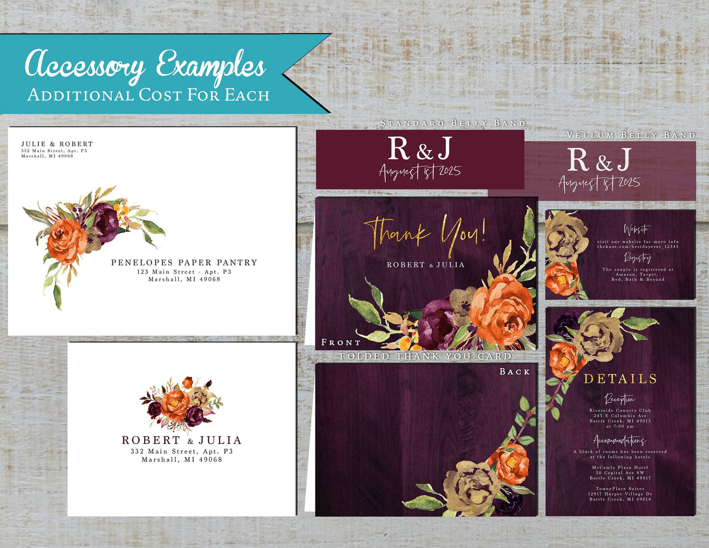 Rustic Fall Wedding Invitation – Purple, Burnt Orange & Gold Florals – Personalized Shimmery Printed Invite with Barn Wood Background & Envelopes