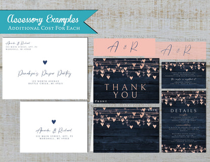 Rose Gold Bokeh String Lights on Blue Barn Wood Traditional Wedding Invitation, Sets, or Suite