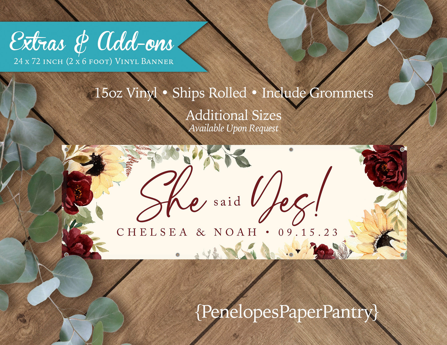 Sunflower and Burgundy Florals with Ivory Engagement Vinyl Banner with Grommets