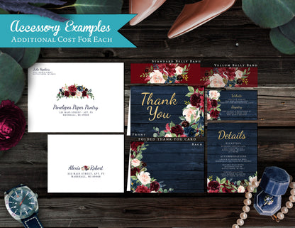 Burgundy, Blush, and Navy Florals on Navy Barn Wood Fall Wedding Invitation, Set, or Suite