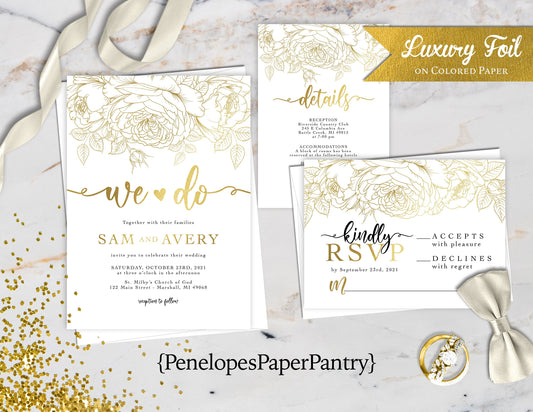 Gold Foil Floral Line Art on White Paper Traditional Wedding Invitation, Sets, or Suite