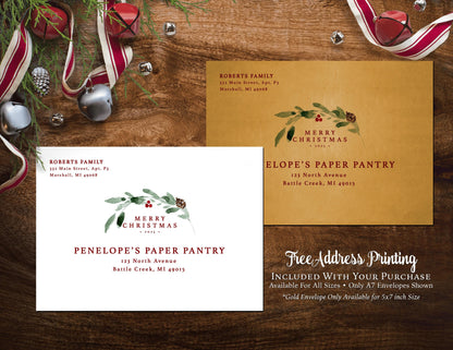 Unique Christmas Family Photo Card Personalized Arch Shape Red Green Mistletoe Custom Text Printed Card Envelope Included FREE Address Print