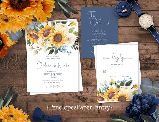 Sunflower Fall Wedding Invitation – Forget-Me-Nots & Calligraphy – Personalized Printed Invite with Envelopes Included