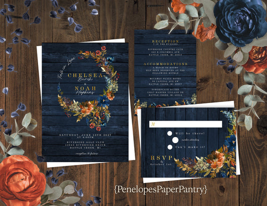 Rustic Fall Wedding Invitation – Navy Barn Wood, Turquoise & Burnt Orange Floral Wreath, Gold “Fall in Love” Print – Personalized Shimmery Invitations with Envelopes