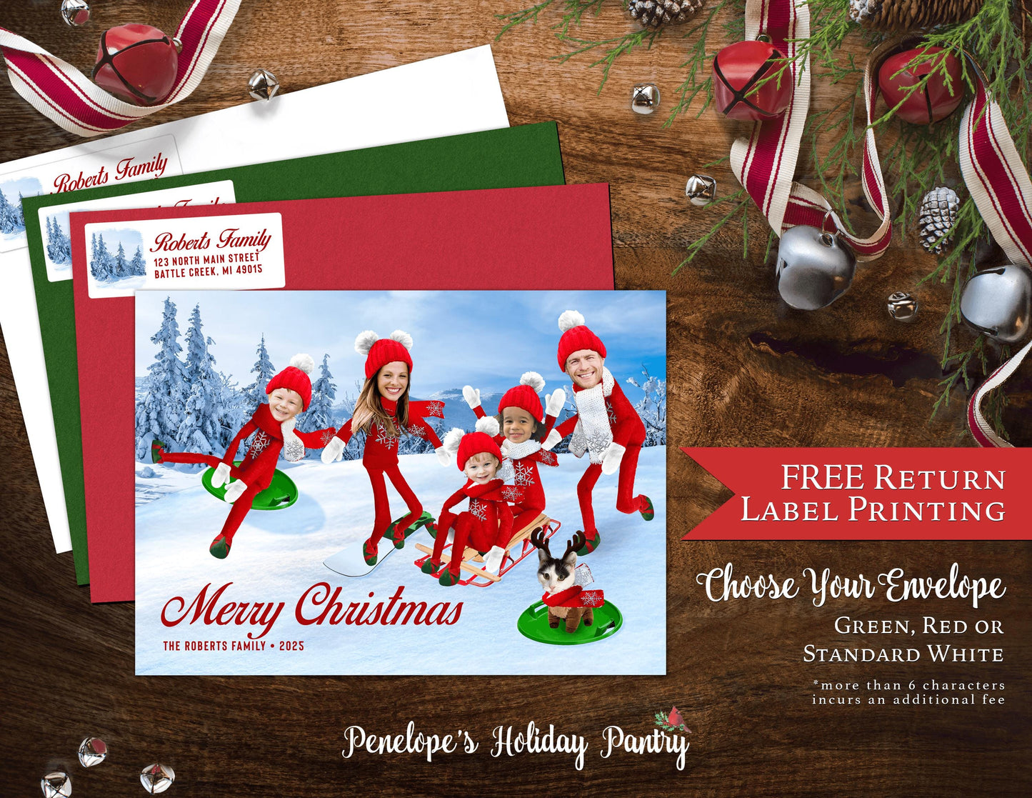 Funny Sledding Elves Christmas Photo Card – Personalized Snowboarding Elf Family Card | Printed with Back Design, Envelopes & Return Address Label