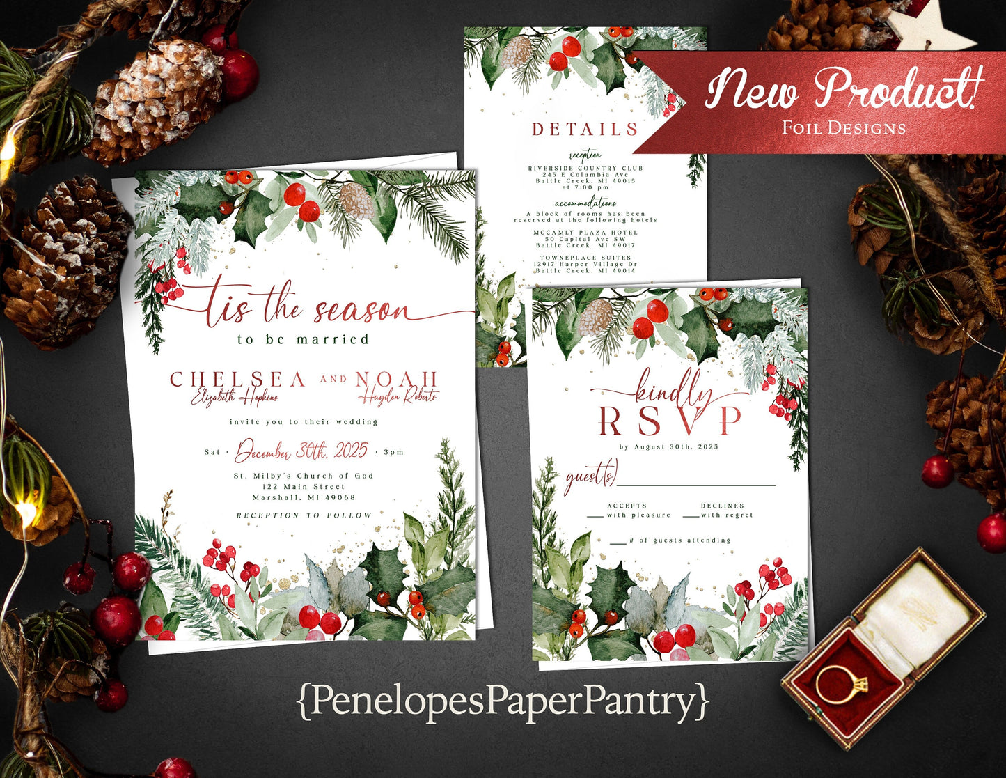 Whimsical Christmas Wedding Invitation – Tis The Season To Be Married, Green & Red Foil Calligraphy, Custom Printed with Envelopes Included