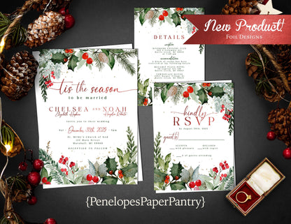 Whimsical Christmas Wedding Invitation – Tis The Season To Be Married, Green & Red Foil Calligraphy, Custom Printed with Envelopes Included