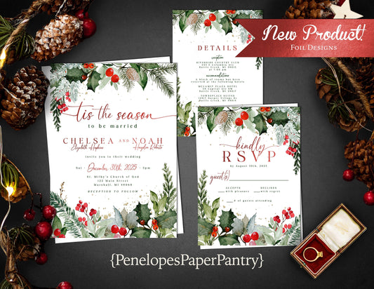 Pine and Red Holly Branch Florals with Red Foil Print Winter Wedding Invitation, Set, or Suite