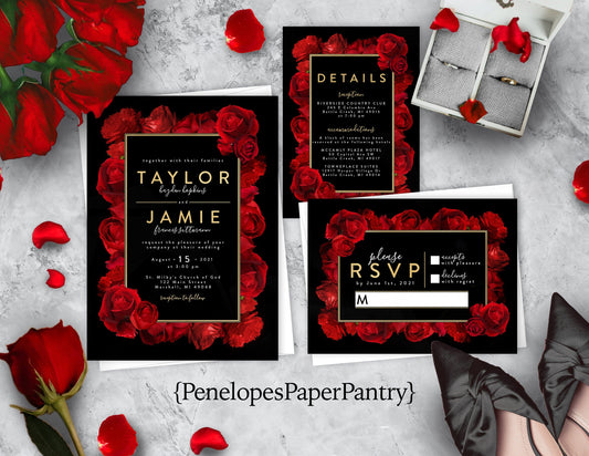 Red Florals with Black Background Rose Wedding Invitation, Set, or Suite