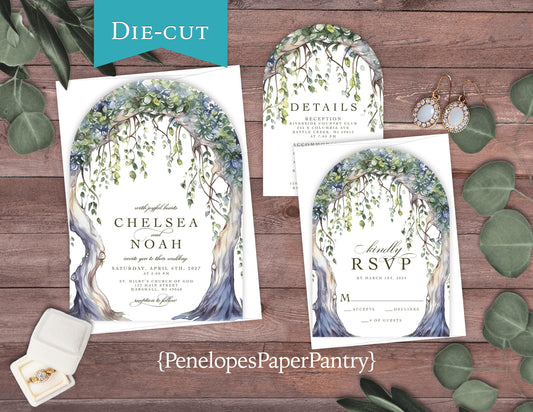 Elegant Whimsical Ethereal Tree Arch Summer Wedding Invitation Personalized Sage Gray Shimmery Printed Invitations Envelopes Included Unique