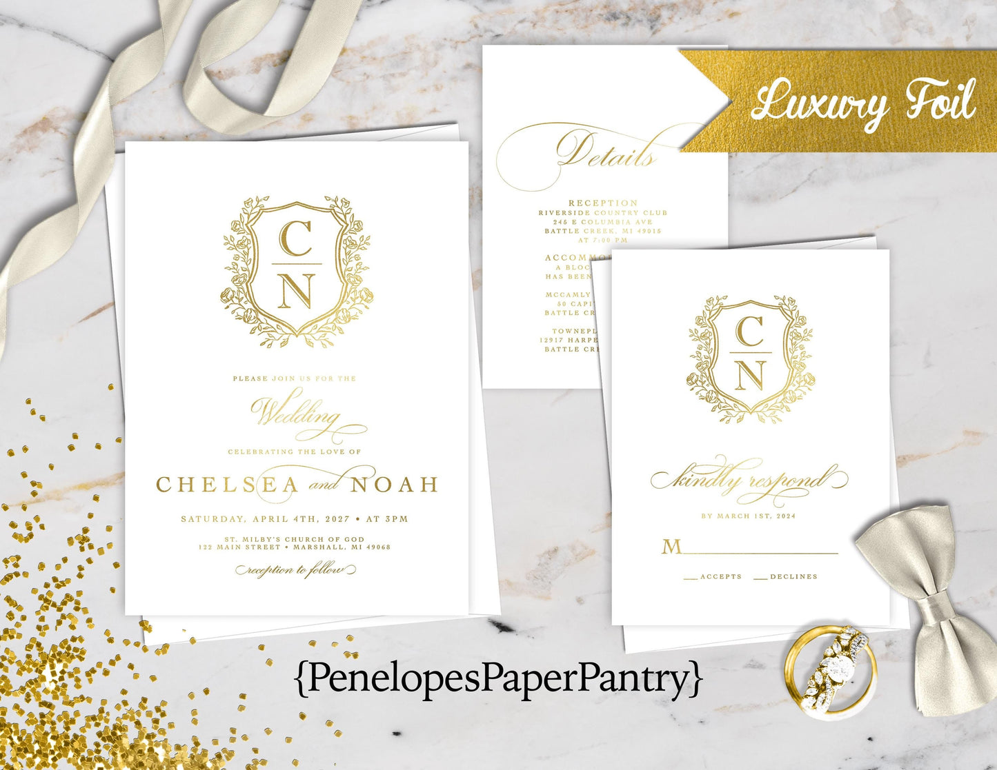 Luxurious Gold Foil Royal Crest on White Paper Traditional Wedding Invitation, Sets, or Suite