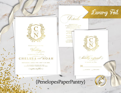 Luxurious Gold Foil Royal Crest on White Paper Traditional Wedding Invitation, Sets, or Suite