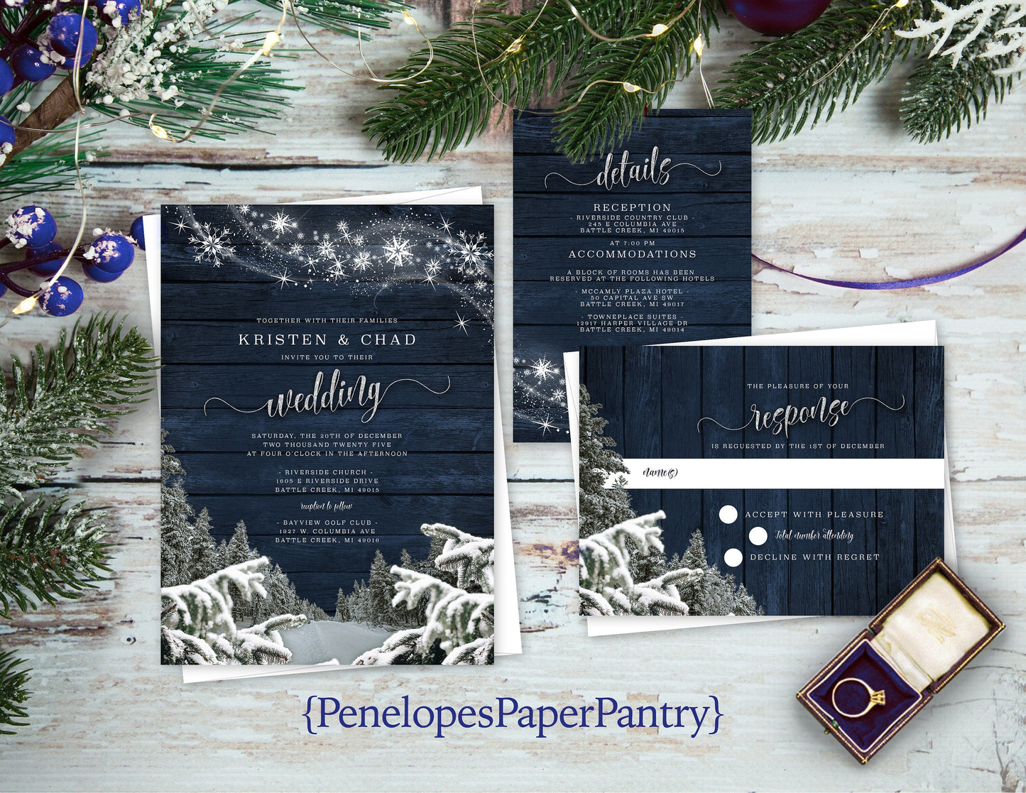 Rustic Winter Wedding Invitation – Snow, Evergreen Trees, Snowflakes, Navy Barn Wood, Shimmery Custom Printed with Envelopes Included