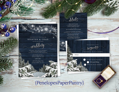 Rustic Winter Wedding Invitation – Snow, Evergreen Trees, Snowflakes, Navy Barn Wood, Shimmery Custom Printed with Envelopes Included