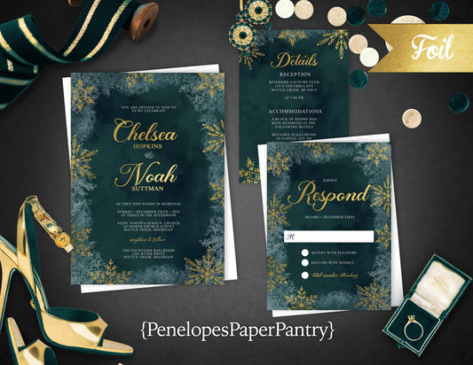 Frost Border with Gold Foil Snowflakes Forest Green Background Winter Wedding Invitation, Set, or Suite