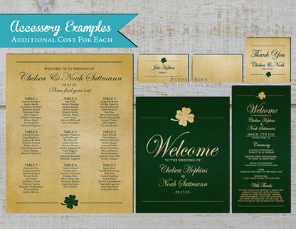 Emerald Irish Shamrock St. Patricks Day on Metallic Gold Paper Traditional Wedding Invitation, Sets, or Suite