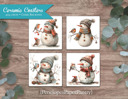 Whimsical Winter Snowman Ceramic Coasters Set Of Four Christmas Decor Gift For Her Gift For Him Unique Gift Stocking Stuffer 4 Inch Tile