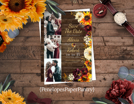 Sunflower, Burgundy, and white Florals, Barn Wood Background, with Engagement Photos Save the Date