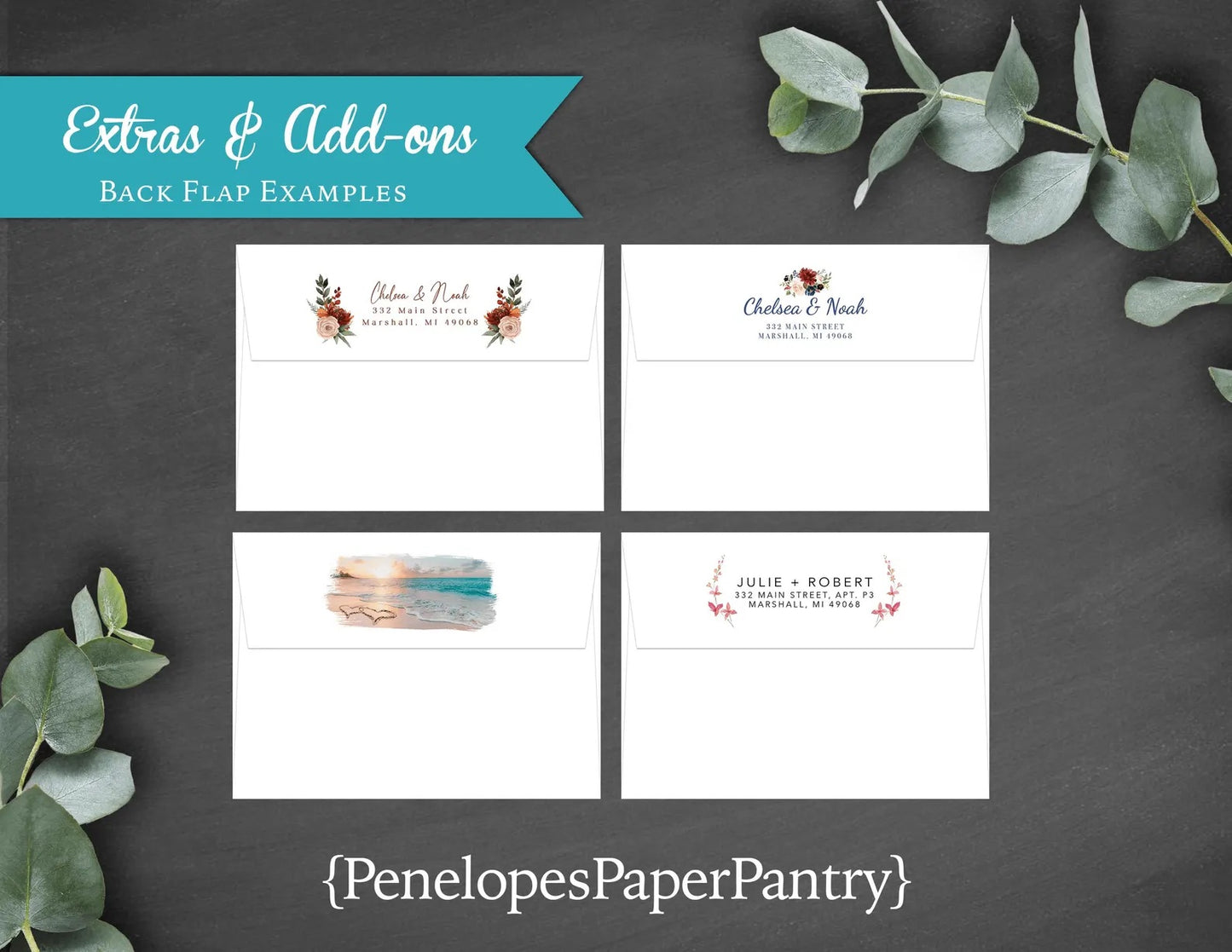a set of four business cards with eucalyptus leaves