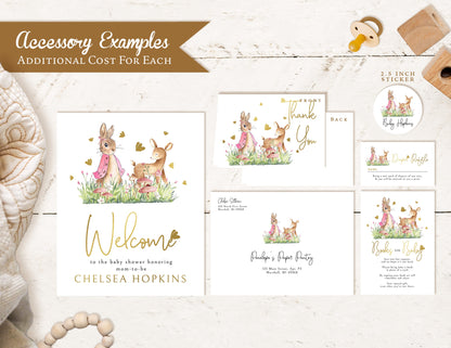 Flopsy Rabbit Baby Girl Shower Invitation Flopsy Bunny Woodland,Butterflies,Gold Foil Hearts,Personalize,Printed,Envelope Included