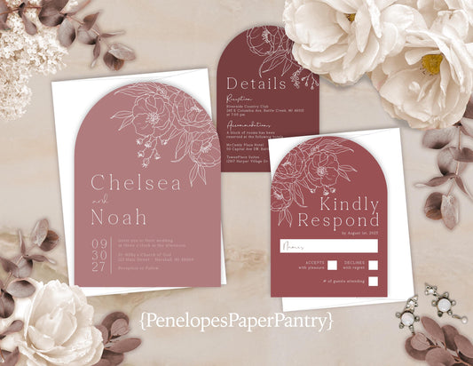 Die Cut Arch Dusty Rose, Mauve, and Burgundy Summer Wedding Invitation, Set, or Suite