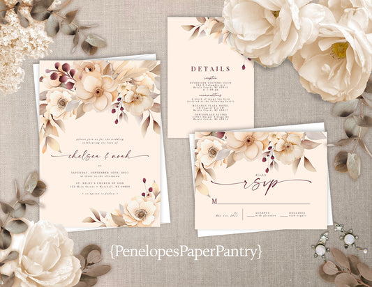 Neutral Florals on an Ivory Cream Background Summer Wedding Invitation, Set, or Suite