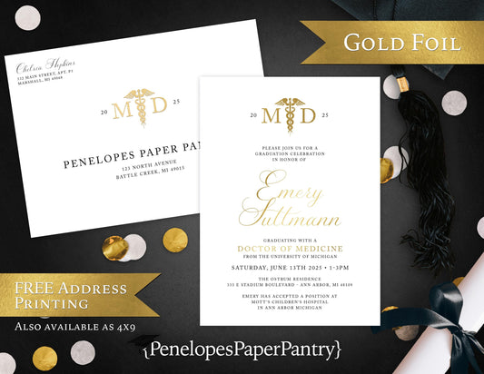 Elegant Medical School Doctor Of Medicine Graduation Party Invitation Announcement Caduceus Gold Foil Personalized Printed Card Envelope