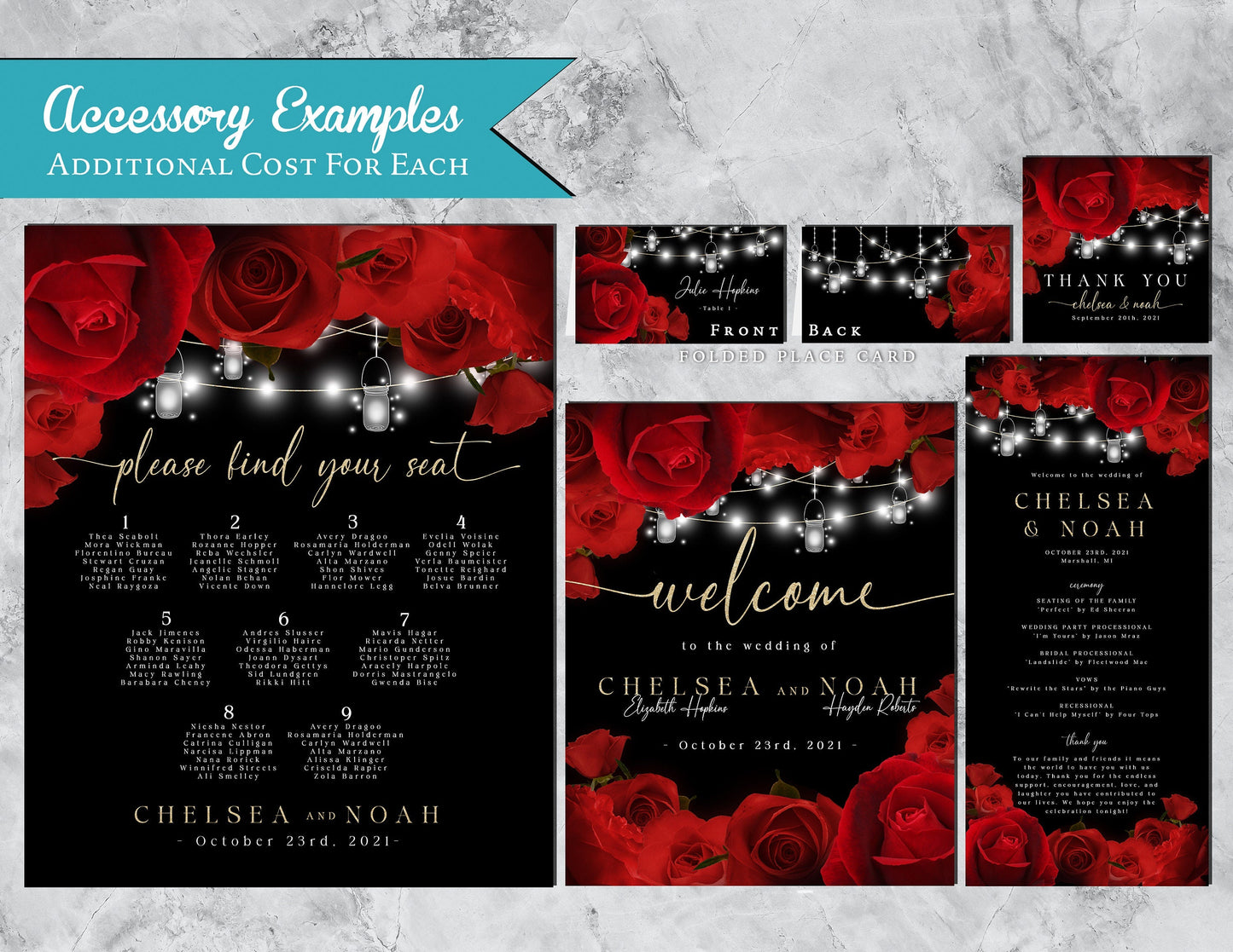 Red Florals and String Lights with Black Background Rose Wedding Invitation, Set, or Suite