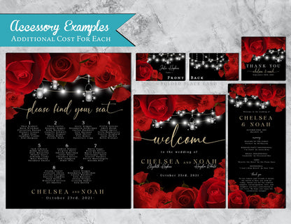 Red Florals and String Lights with Black Background Rose Wedding Invitation, Set, or Suite