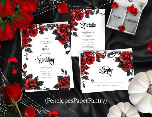 Elegant Gothic Halloween Wedding Invitation – Blood Red Roses – Personalized Printed Invite with Envelopes & Optional RSVP
