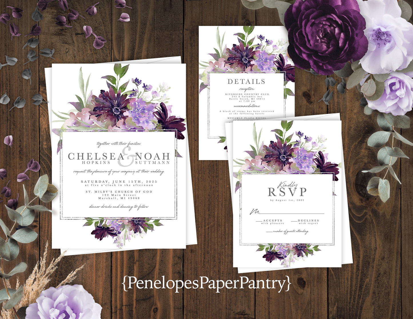 Dark and Light Purple Florals with Frame on White Background Summer Wedding Invitation, Set, or Suite