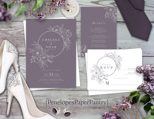 Elegant Dusty Purple Floral Summer Wedding Invitation Personalized Floral Silhouette Wreath Printed Invitations Envelope Included Simple