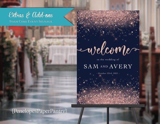 Navy Blue and Rose Gold Faux Glitter Wedding Foam Core Event Welcome Sign